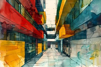 Dynamic watercolor of a colorful urban corridor with abstract geometric shapes, AI generated