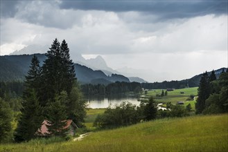 Storm clouds, Geroldsee or Wagenbruechsee, Kruen near Mittenwald, Werdenfelser Land, Upper Bavaria,