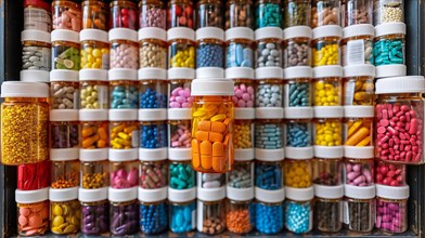 Multicolored pill bottles stacked on shelves, symbolizing health care or a pharmacy, AI generated