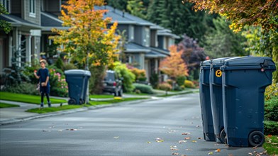 Child walking on a suburban street past a row of garbage bins on an overcast autumn day, waste