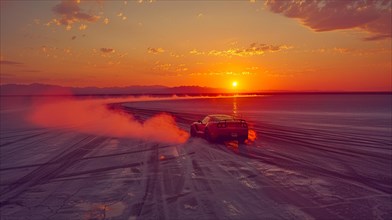Sports car creating a dust cloud in a desert landscape at sunset, AI generated