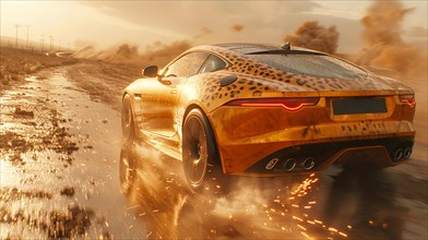 Performance british coupe car kicking up dust under golden light on a back road, AI generated