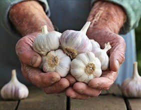 Aged hands holding fresh garlic over a rustic wooden table, AI generated, AI generated