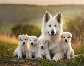 Dog, white shepherd dog with four puppies, KI generated, AI generated