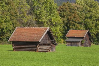 Hay barn with meadow, Garmisch-Partenkirchen, Werdenfelser Land, Upper Bavaria, Bavaria, Germany,