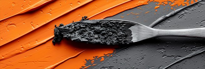 Paintbrush with black paint over an orange and black abstract background, banner 3:1 wide style,