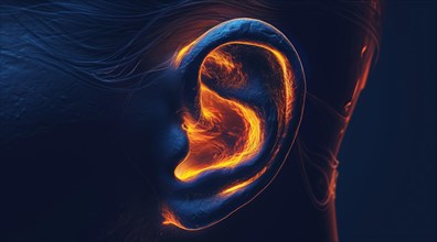 Digital representation of a human ear with glowing orange edges on a blue background, ai generated,