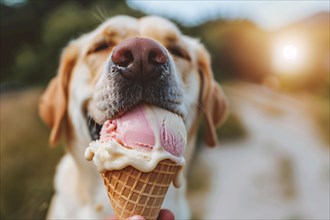 Close up of funny dog bitinng into Ice cream in cone being held by human. KI generiert, generiert,