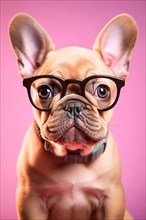 Cute French Bulldog dog with glasses in front of pink studio background. KI generiert, generiert,