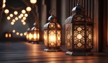 Ornate lanterns emit a warm glow on a wooden floor, creating a tranquil evening atmosphere, ai