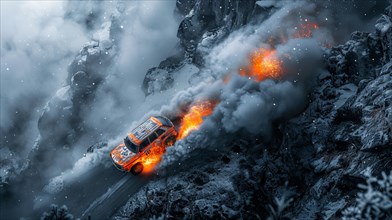 An off-road vehicle on a mountain trail engulfed in flames and smoke, action sports photography, AI