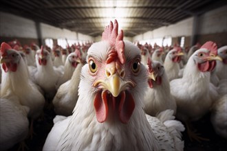 White chicken ins table full of chicken. Intensive animal farming concept. KI generiert, generiert,