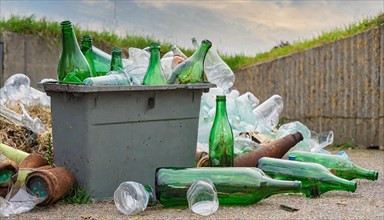 Next to a rubbish bin are some empty glass bottles, some broken, AI generated, AI generated