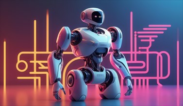 Futuristic robot in a dynamic pose with neon pink and purple lighting, ai generated, AI generated