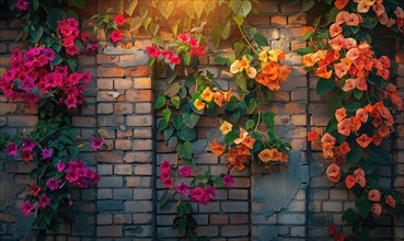 Vibrant bougainvillea vines in full bloom on a sunlit brick wall AI generated