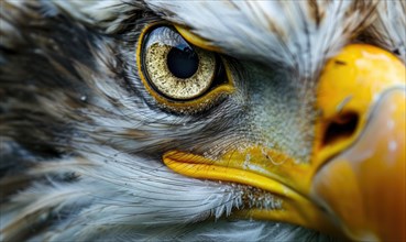 Close-up macro shot focusing on the detailed gaze and feathers of an eagle AI generated