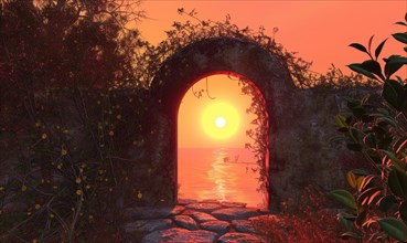 Sunset view through an archway overlooking a calm ocean AI generated