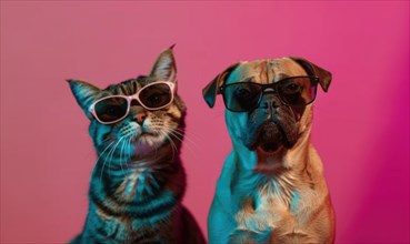 A cat and a dog both wearing sunglasses strike a pose against a pink backdrop AI generated