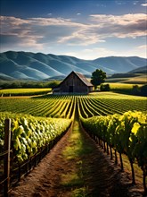 Vineyard at peak season grapevines in orderly rows, AI generated