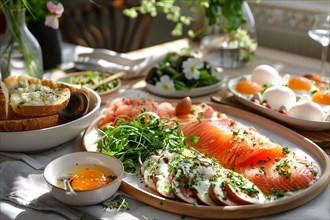 A sunlit table spread with smoked salmon, eggs, greens, and toast for a gourmet brunch, AI