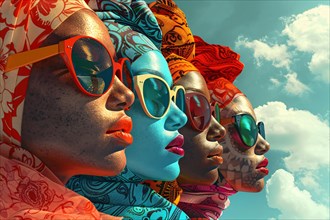 Colorful side profiles of women in headscarves and sunglasses against a sky backdrop, illustration,