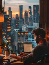Cozy evening setting with a man working on a laptop by a window overlooking the city, AI generated