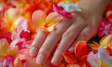 Close-up of a woman's hand holding colorful flower petals AI generated