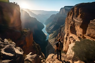 Hiker positioned on the edge of a rugged cliff with panoramic canyon with a winding river expanse