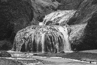 Stjornarfoss waterfall, near Kirkjubaejarklaustur, black and white photo, Sudurland, Iceland,