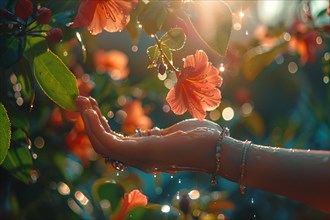 Hand touching raindrops on flowers with sunlight creating a bokeh effect, AI generated