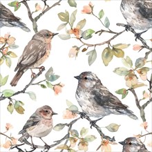 Seamless watercolor pattern with bird illustrations in graceful pastel tones AI generated