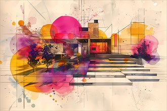 Playful and artistic rendering of a modern house with warm colors and abstract pink bubbles, AI