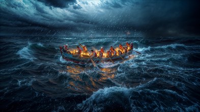 Illuminated boat with a group wearing life jackets rowing through ocean waves at night, AI