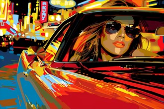 Vibrant urban scene of a woman driving at night, surrounded by colorful city lights, illustration,