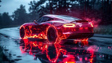 Sports car on a rainy night with glowing brake lights and reflections on a wet road, AI generated