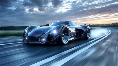 Sleek A hydrogen internal combustion engine vehicle hypercar concept speeding on a highway during