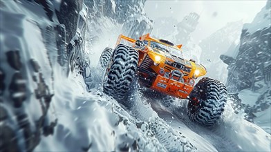 An orange monster truck powers through a snowy blizzard, contrasting the frozen landscape with its