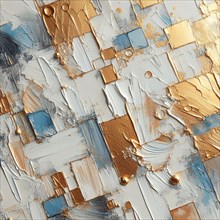Abstract painting with an impasto technique, featuring gold and white tones, AI generated