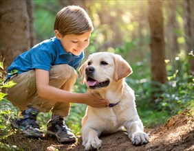 Dog, young Labrador being petted by a boy in the forest, child, 5 years old, AI generated, AI