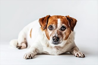 Very obese fat doglying down in front of gray background. KI generiert, generiert, AI generated
