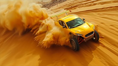 A yellow sports car races through the desert, leaving a trail of sand, ai generated, AI generated