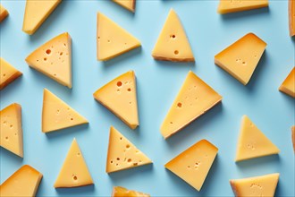 Top view of pieces of cheese on blue background. KI generiert, generiert, AI generated