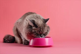 Cat eating food out of bowl in front of pink background with copy space. KI generiert, generiert,