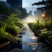 Lose ups of plants in an urban park functioning as a flood mitigation system, AI generated