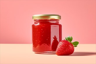 Jar of strawberry fruit marmelade or jam on pink background. KI generiert, generiert, AI generated