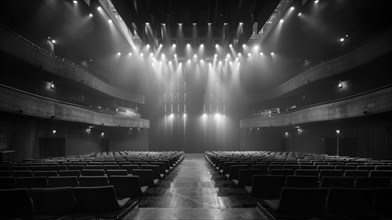 Monochrome image of an empty theater interior with dramatic lighting on the stage, ai generated, AI