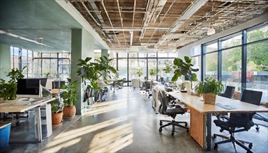 Loft office with modern furnishings, concrete ceiling and lots of plants ensures a pleasant