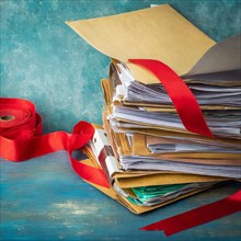 Pile of documents wrapped in red ribbon next to an open brown envelope on wooden surface, symbol