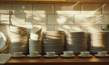 Morning sunlight casting shadows and reflections on stacks of dishes in a tidy kitchen AI generated