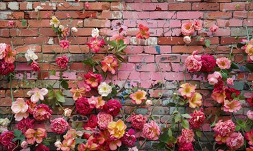 Wall covered in vibrant pink flowers against a weathered red brick background AI generated
